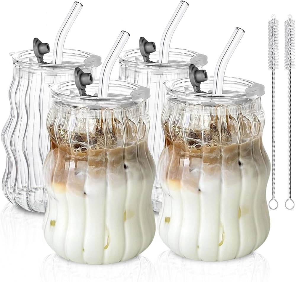 KEMORELA 4PCS Ribbed Glass Cups with Lids & Straws – 18oz Vintage Wavy Glass Coffee Cups, Bubbl... | Amazon (US)