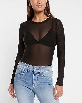 Mesh Crew Neck Long Sleeve Bodysuit | Express