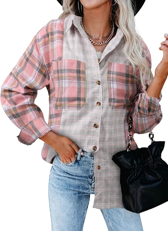 Actloe Womens Shacket Plaid Shirt Long Sleeve Lapel Button Down Shirts Casual Color Block Blouses... | Amazon (US)