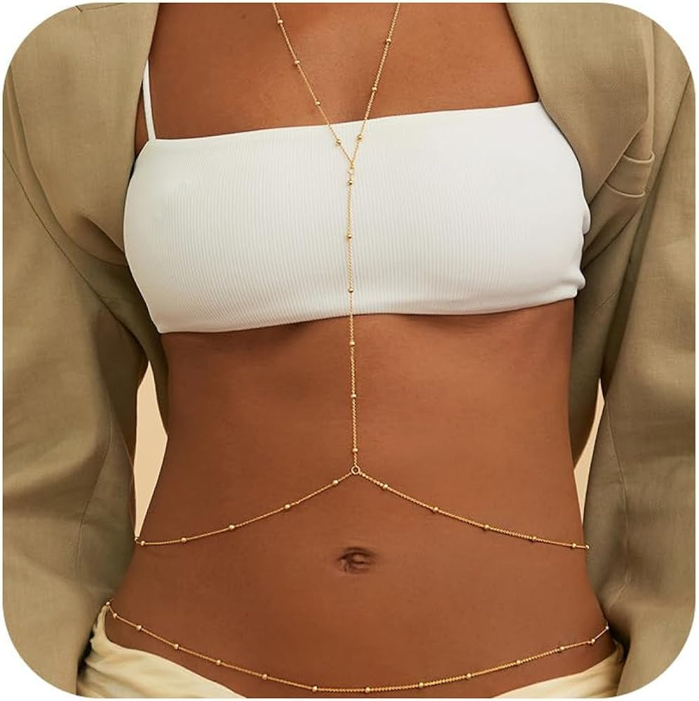 14K Gold Body Chains for Women, Sexy Layered Belly Waist Chain Bikini Bra Chain, Summer Beach Rhi... | Amazon (US)