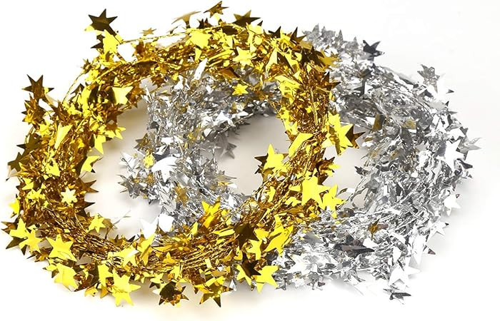 50FT Star Tinsel Garlands with Wire, Christmas Star Wire Garland Decorations for Xmas Tree Home W... | Amazon (US)
