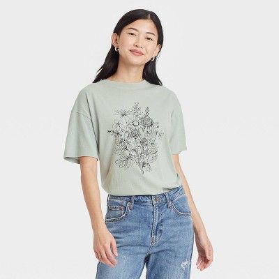 Women's Floral Print Short Sleeve Graphic T- Shirt - Sage Green | Target