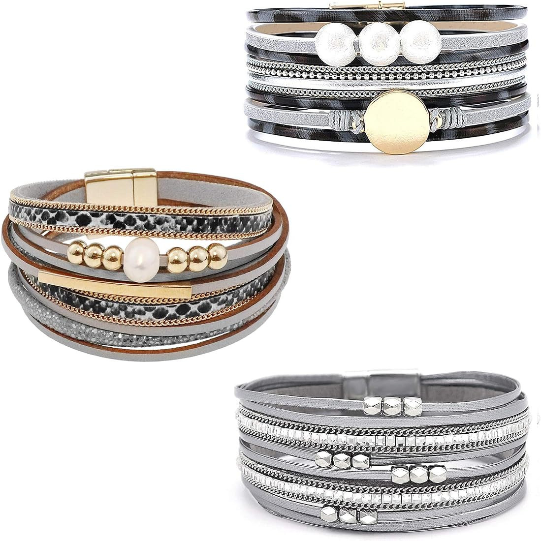 Wowanoo 3Pack Leather Cuff Bracelet Set Multilayer Wrap Bracelet Crystal Feather Tree Bracelet Magne | Amazon (US)