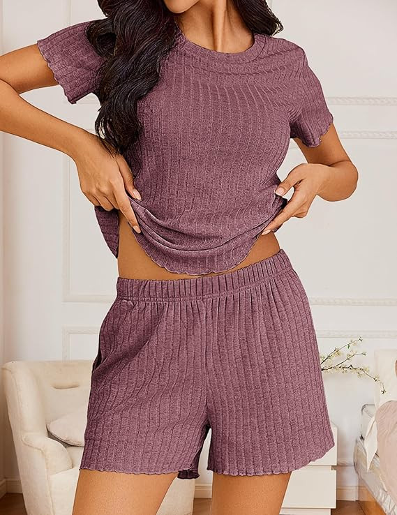 Pajamas Sets for Women Ribbed Knit Sleepwear Set Soft Short Sleeve Pjs with Pockets Casual Lounge... | Amazon (US)
