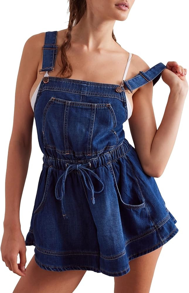 Women's Sleeveless Denim Romper Shorts Ruffle Hem Adjustable Strap Casual Jean Jumpsuits One Piec... | Amazon (US)