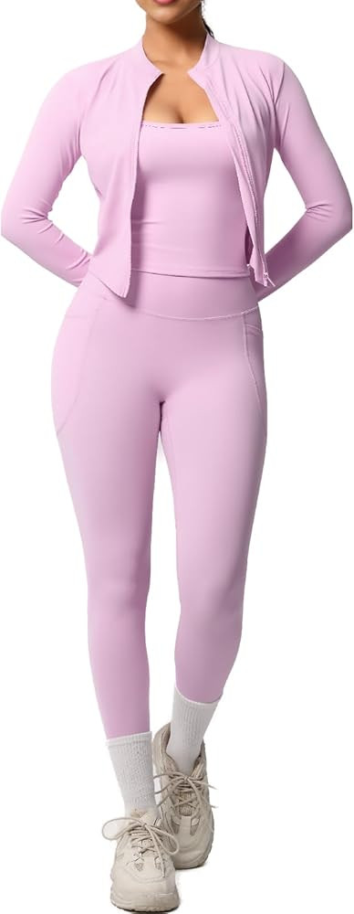 3-Piece Women’s Workout Set – Zip Jacket, Strappy Tank & High-Waist Pocket Leggings – Stret... | Amazon (US)