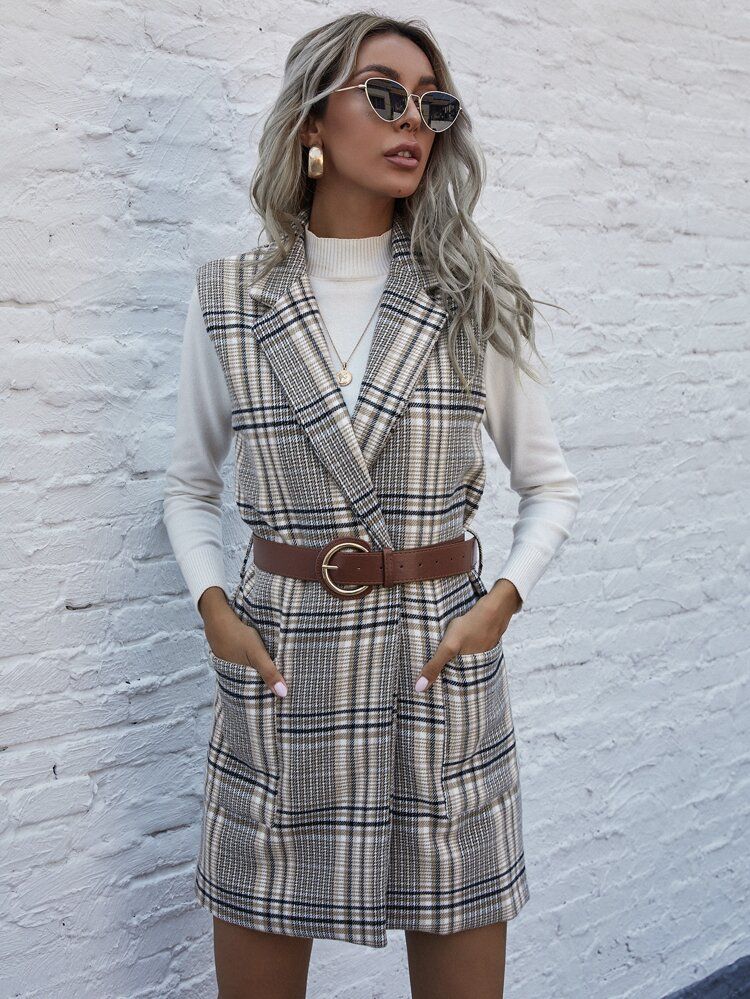 Lapel Collar Plaid Belted Blazer Vest | SHEIN