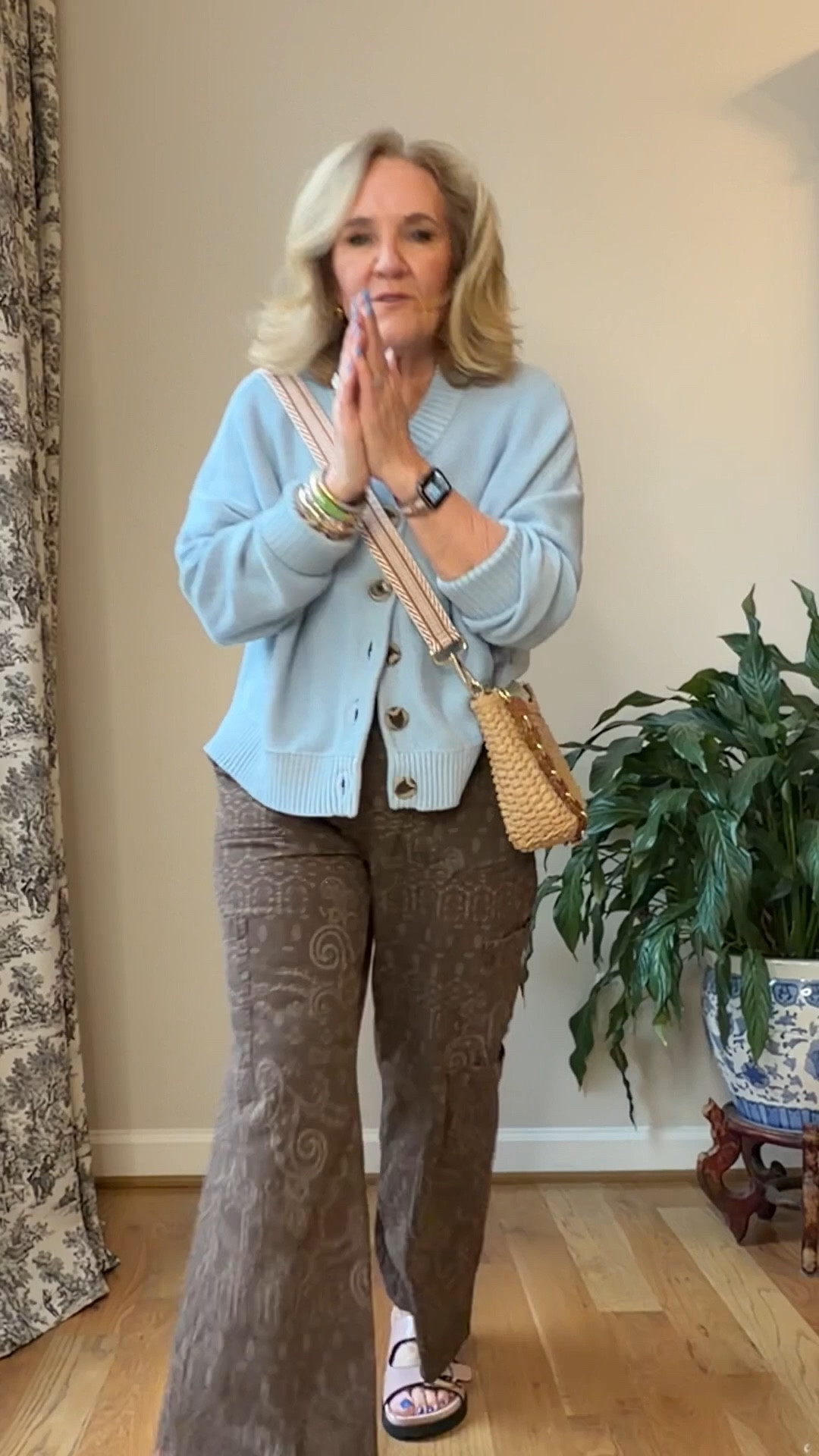 Bandana print pants size medium short I cut 3” off the bottom available in short or long right now v
Blue cardigan medium 
Blue linen shirt medium 
Linen blazer medium 
My new bracelet stack is launching Thursday 4/2!!! 
10% off my Eric javits bag with code NANETTE

#LTKPetite #LTKOver40 #LTKootd