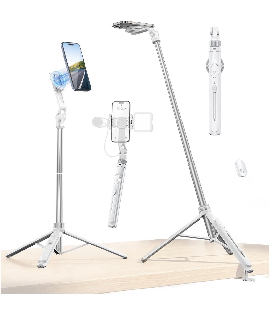 ULANZI TT88 Magnetic Tripod for iPhone 17, 57" Extendable Selfie Stick w Remote, 2-in-1 Phone Clip & Dual Cold Shoe Mounts-Lightweight Phone Tripod Stand for Vlogging, Travel, Video Recording, White