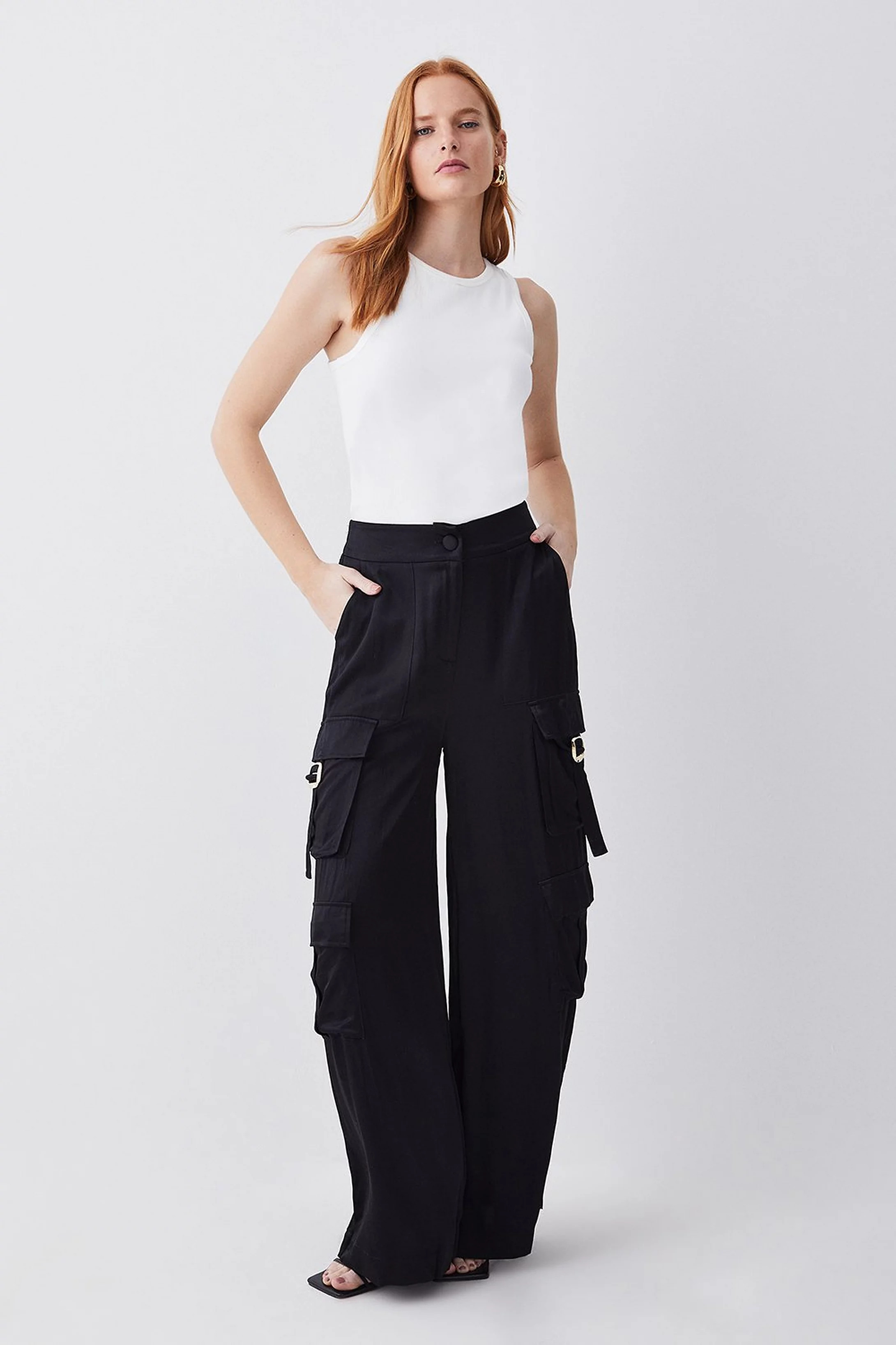 High Waisted Wide Leg Satin Cargo Trouser | Karen Millen US