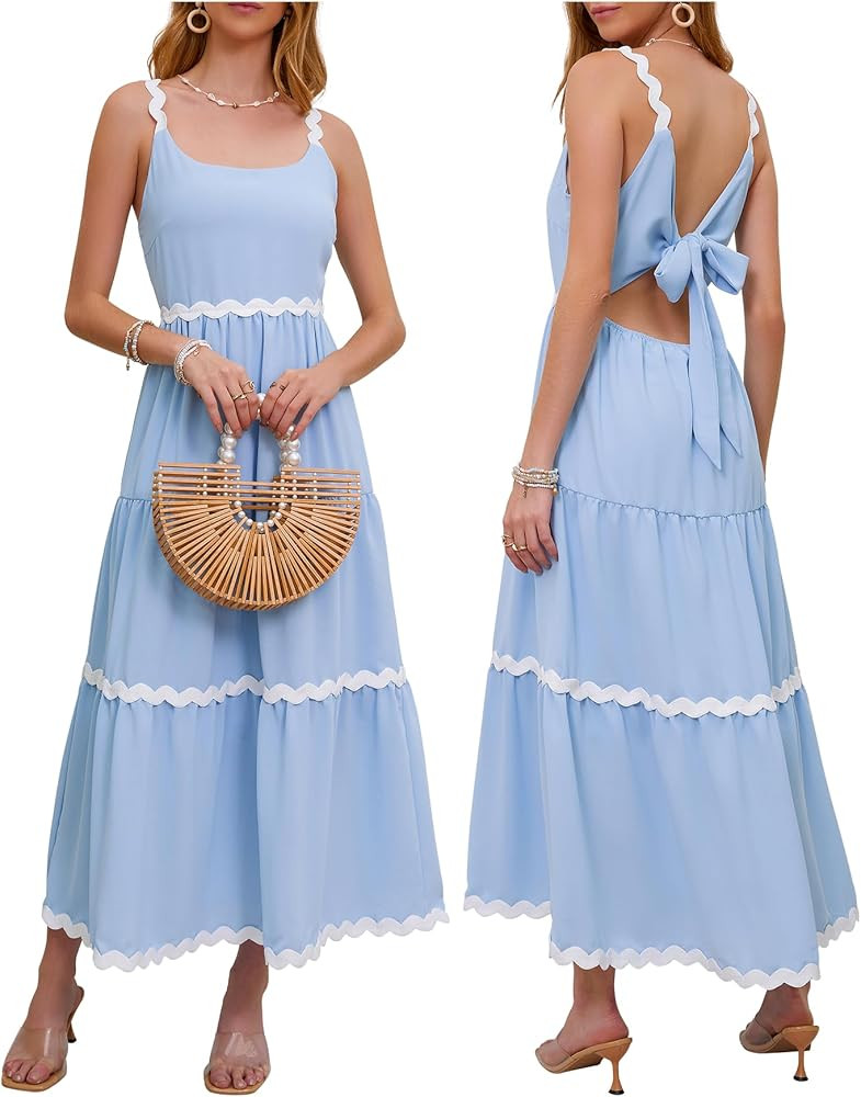 Women Summer Dresses Spaghetti Straps Sleeveless Backless Flowy A Line Maxi Sundress Smocked Beac... | Amazon (US)