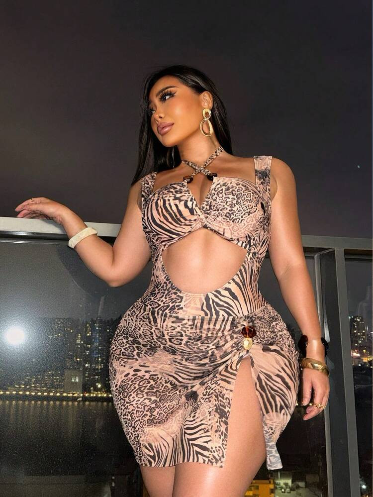 Swim SXY Plus Size Women's Leopard & Zebra Print One-Piece Swimsuit With Matching Skirt, Suitable For Beach Vacation, Pool Party, Beach Party | SHEIN