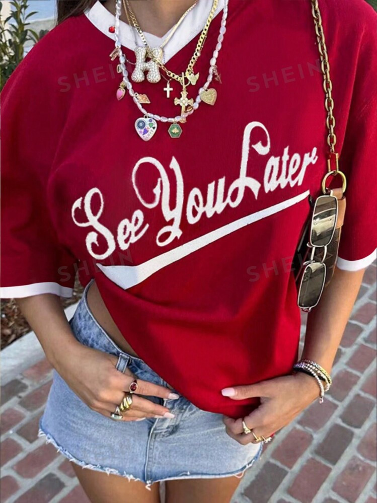 SHEIN EZwear Women's Summer Casual V-Neck Short Sleeve T-Shirt With Letter Print And Color Block | SHEIN