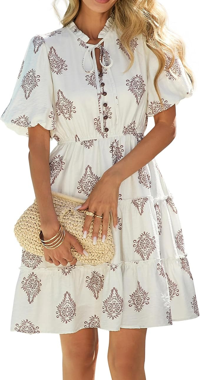 BTFBM Women Summer Floral Short Dresses V Neck Short Sleeve Tiered Ruffle Boho Swing Dress A-Line... | Amazon (US)