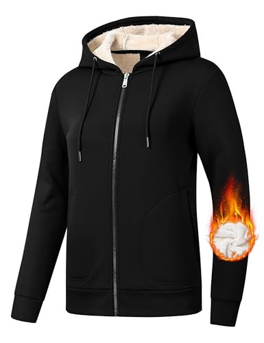 MoFiz Black Zipper Hoodies For Women Warm And Cozy Fleece Lined Zip Jacket Women Thermal Hoodies With Zip Pockets Black Medium | Amazon (US)