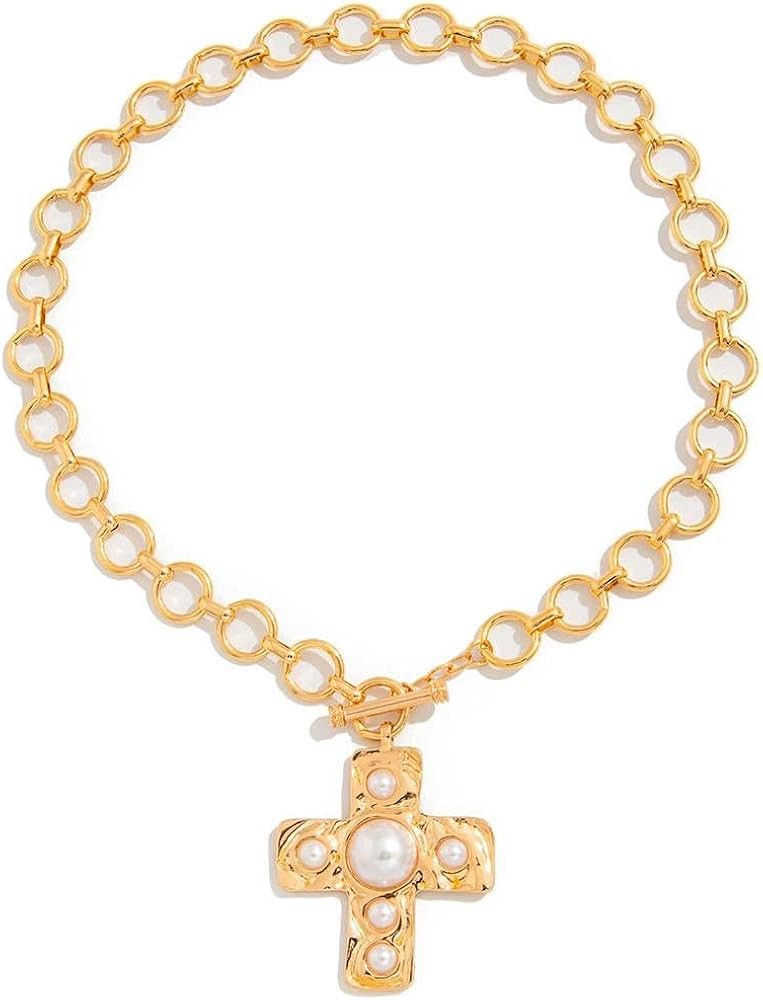 Chunky Cross Pendant Necklace Thick Statement Necklace for Women Big Pearl Toggle Clasp Necklaces... | Amazon (US)