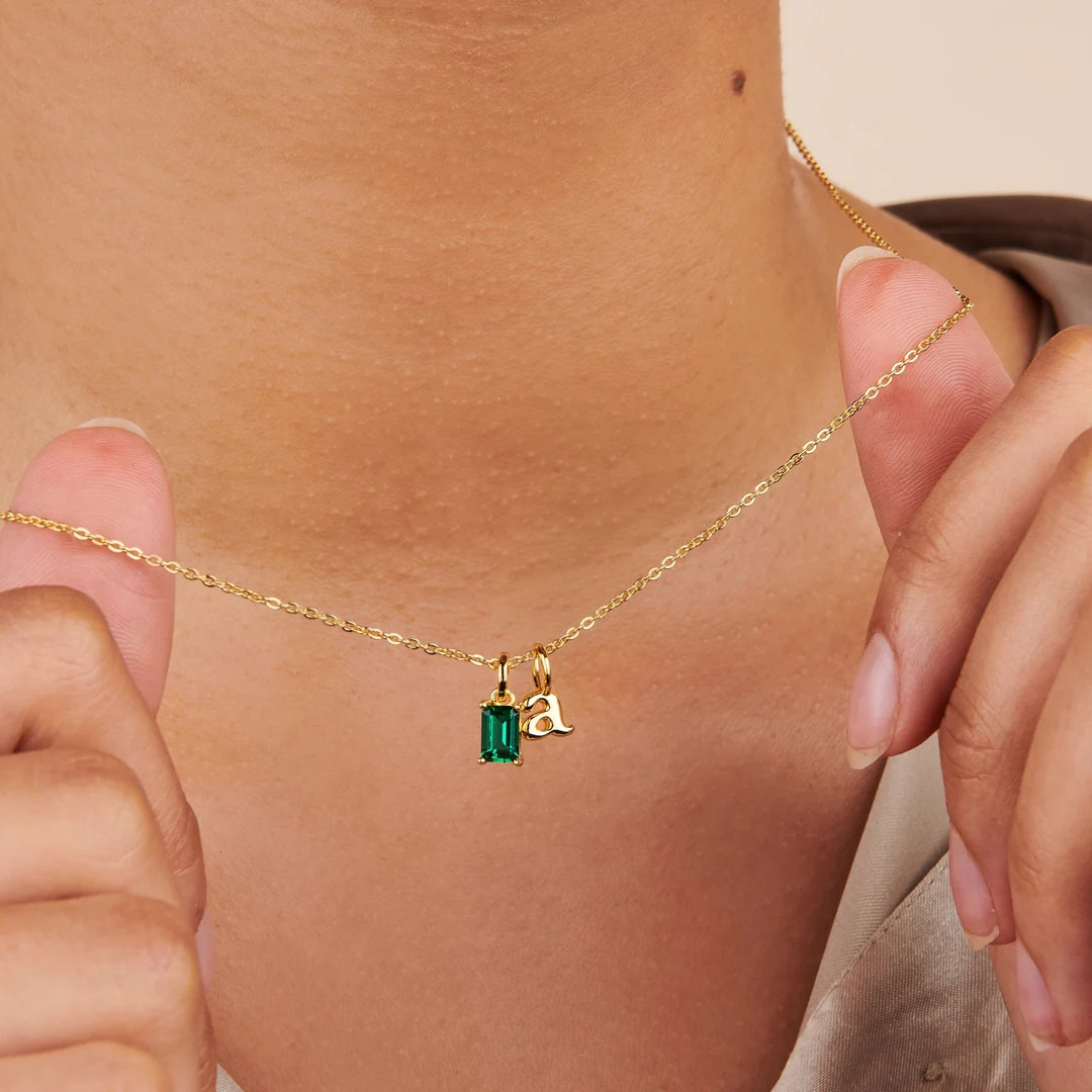 Custom Initial Birthstone Charm Necklace, Personalized Letter With Birthstone 14k Gold Plated Nec... | Etsy (US)