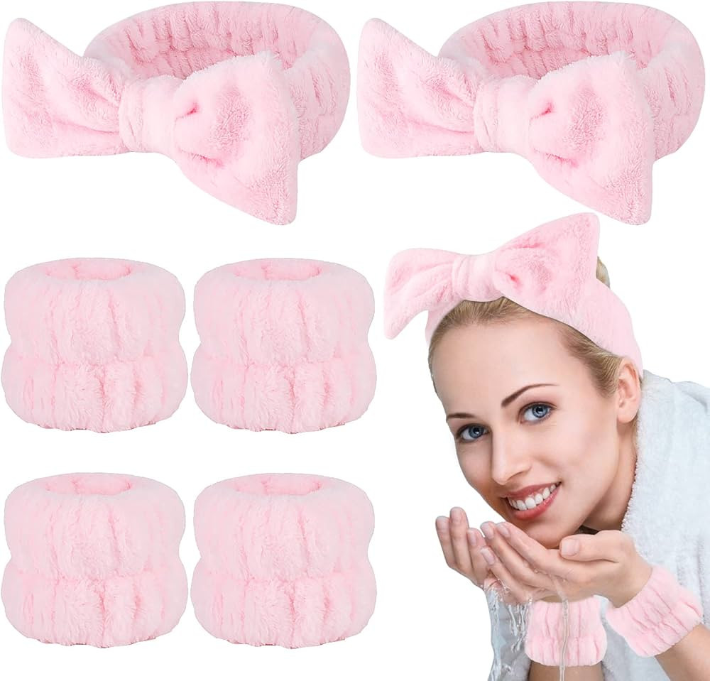 Casoty 6 Pcs Pink Spa Headband and Wristband Set, Microfiber Material, Strong Elasticity, Wide Ap... | Amazon (US)