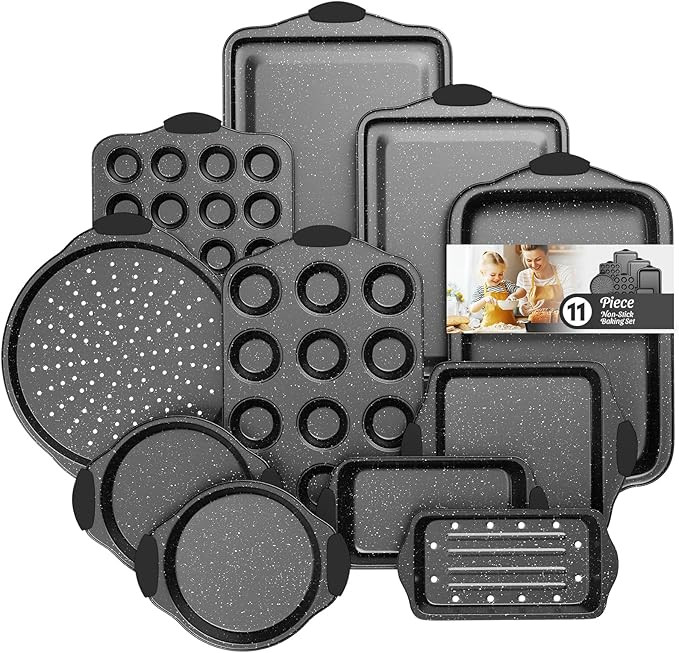 11-Piece Nonstick Baking Pan Set, Stackable Bakeware Sets, Oven Pans for Baking with Silicone Han... | Amazon (US)