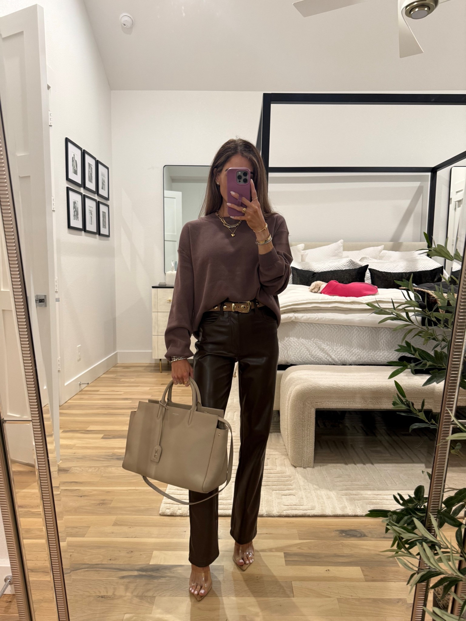 Amazon oversized sweater winter outfit faux leather pants size 23s brown petite friendly Abercrombie heels date night 

#LTKootd #LTKFindsUnder50 #LTKgrwm