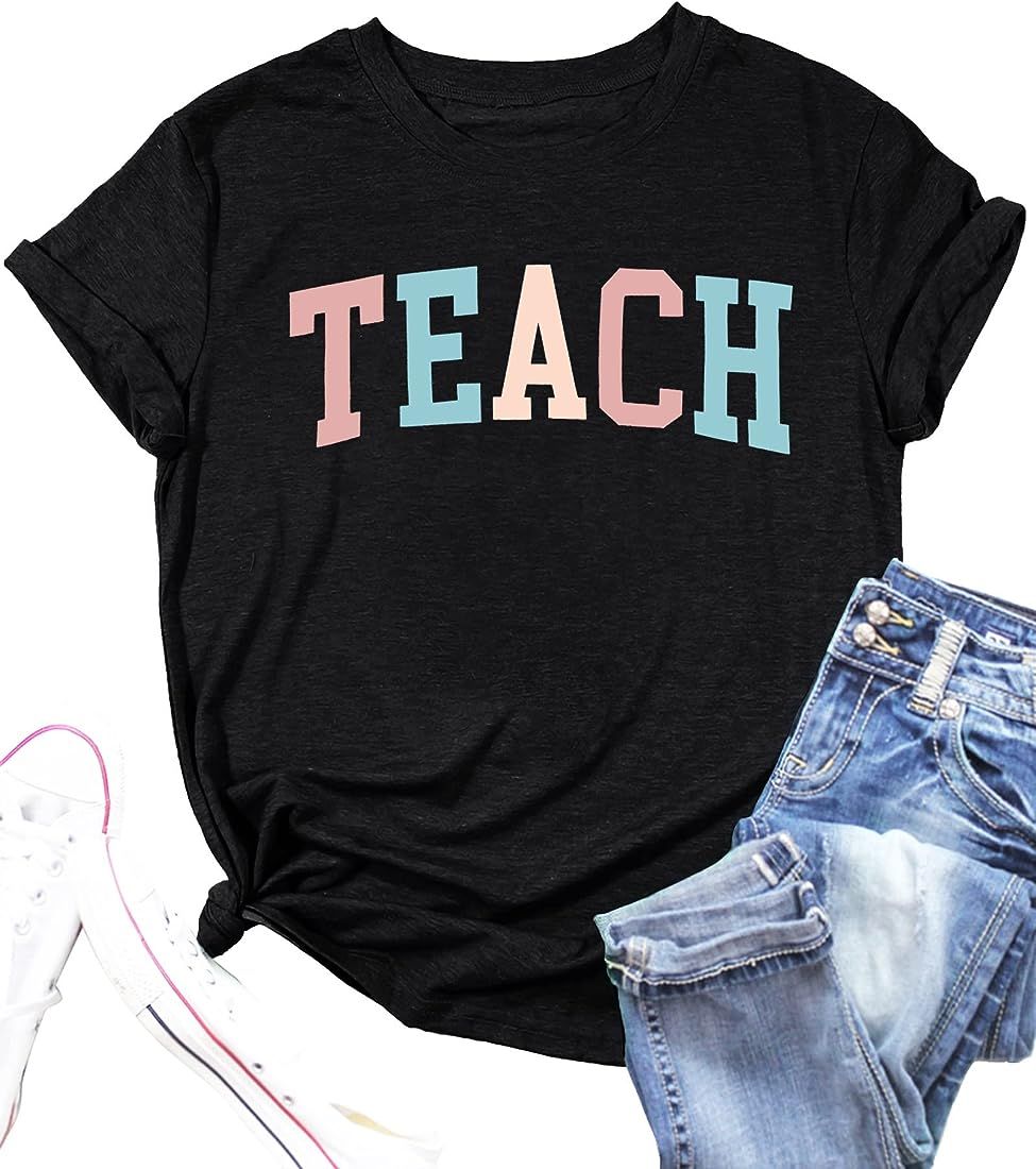 Teacher Shirts Women Funny Teach Printed Graphic Tshirt Short Sleeve T-Shirt Blouse Teacher Gifts... | Amazon (US)