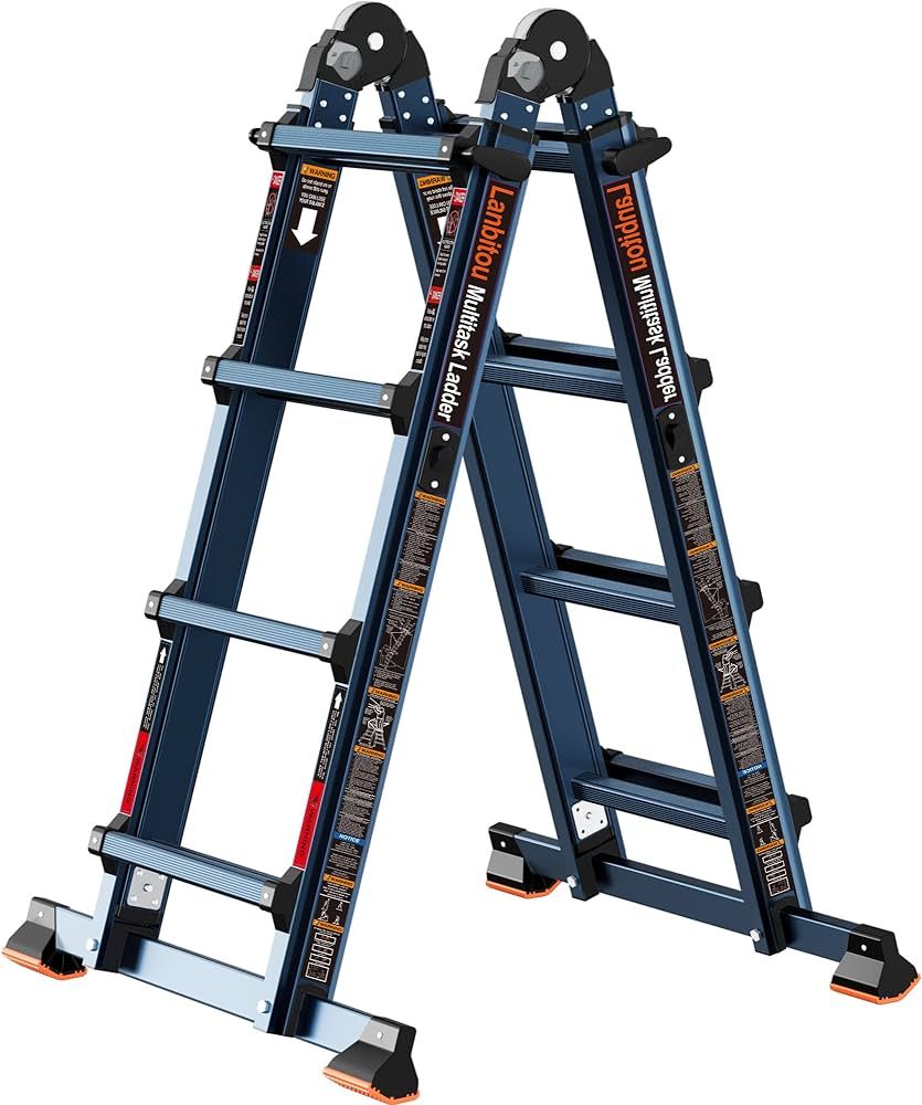 LANBITOU Ladder, A Frame 4 Step Ladder Extension, 14 FT Anti-Slip Multi Position Ladder, Storage Fol | Amazon (US)
