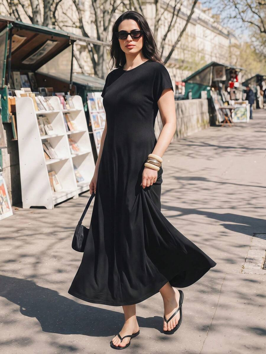 Maija Plus Size 2026 Summer New Women's Black Waistline Urban Minimalist Elegant Batwing Sleeve D... | SHEIN