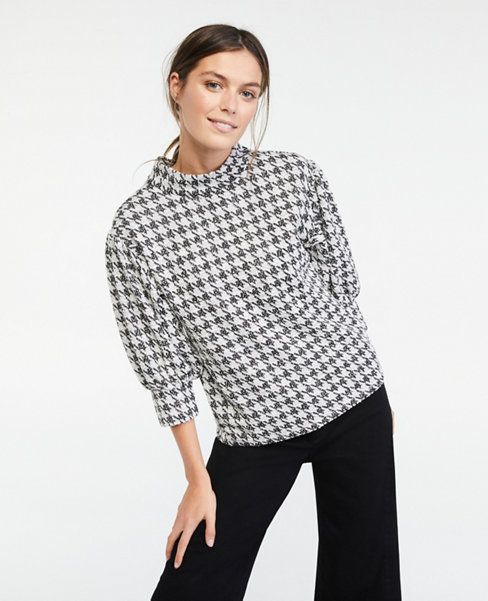 Houndstooth Mock Neck Puff Sleeve Top | Ann Taylor (US)