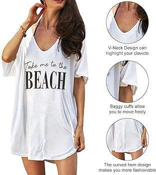 Oryer Swimsuit Cover Ups for Women Baggy V-Neck Swimwear Bathing Suit Coverups T-Shirt Dress Beac... | Amazon (US)