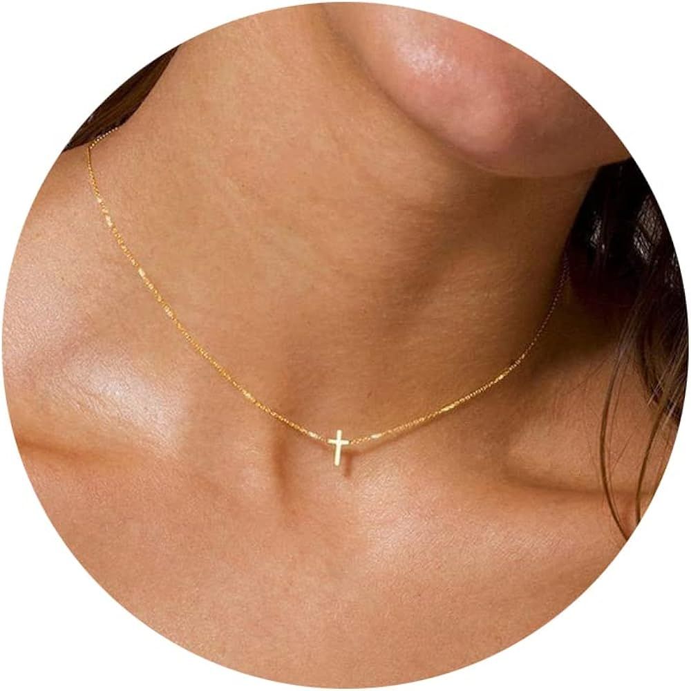 Cross Necklace for Women，Dainty Gold Necklace 14k Gold Plated Small Cross Pendant Choker Neckla... | Amazon (US)