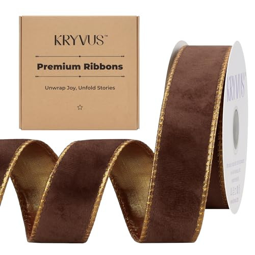 Brown Velvet Wired Ribbon 1.5 inch x Continuous 10 Yards, Metallic Brown Gold Velvet Christmas Ribbon Prefect for Gift Wrapping, Christmas Tree Decoration, Crafts | Amazon (US)
