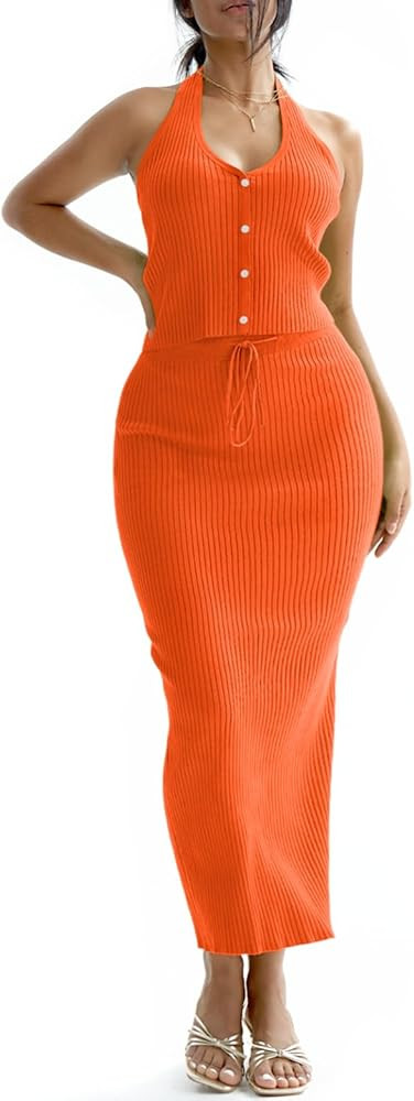 CHERFLY Womens 2 Piece Outfits 2025 Summer Sweater Skirt Sets Halter Top Midi Bodycon Dress | Amazon (US)