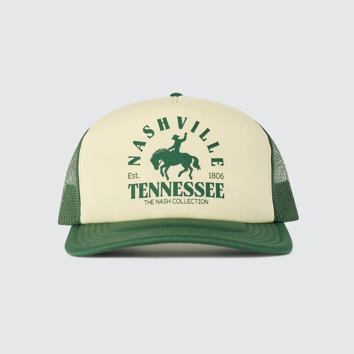 Nashville Buckin Bronco Trucker [Green/Cream] | The NASH Collection