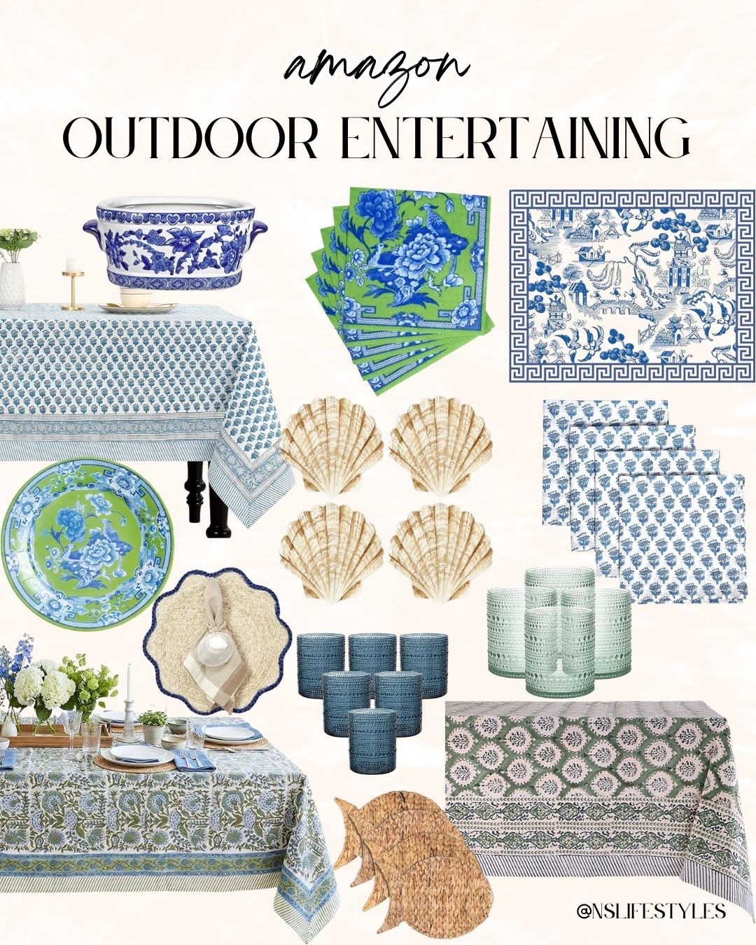 Summer hosting season is officially here, and I am completely obsessed with this coastal-inspired patio setup! This beautiful mix of classic blue and white patterns paired with vibrant green accents creates the ultimate fresh, inviting atmosphere for your next dinner party. 🍽️

Featuring gorgeous block-print tablecloths, textured glassware, and stunning seashell plates that bring the beach right to your table. These affordable Amazon finds make elegant outdoor entertaining completely effortless! ☀️

#amazonhome #outdoorhosting #tablescapedesign #summerentertaining #coastalhome #tablesetting #amazonfinds

#LTKSeasonal #LTKHome