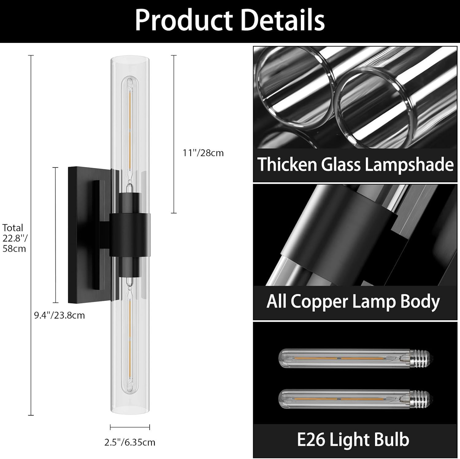 YUYI Black Wall Sconces, 22.8'' Wall Light Set of Two for Bathroom Vanity, Modern Wall Lighting F... | Amazon (US)