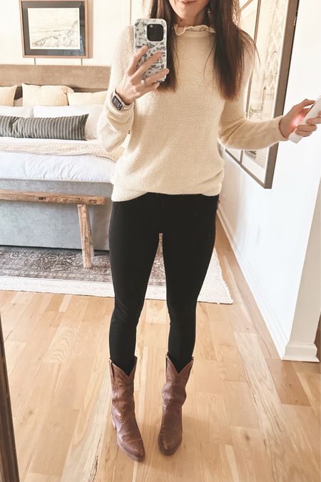 These black Spanx jean leggings are SO comfortable 🤍 I wear my cowboy boots with everything 🤠 #cowgirl #spanx #boots #blackk

#LTKstyletip