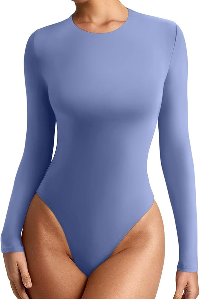 REORIA Women's Crew Neck Long Sleeve Bodysuits Basic Slim Fit Comfy Lightweight Layering Top Fall... | Amazon (US)