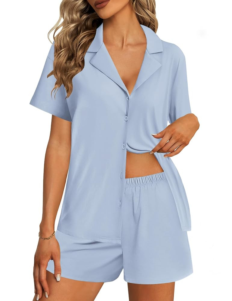 Ekouaer Womens Pajama Sets 2 Piece Cotton Pjs Button Down Sleepwear Short Sleeve Lounge Set with ... | Amazon (US)