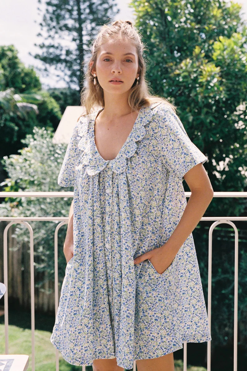 Penelope Lounge Dress - Cotton - Floret Blue | Piyama