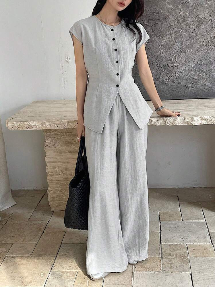 DAZY 2 Pieces Women Short Sleeve Shirt And Long Pants Set Linen Lounge Sets For Women | SHEIN