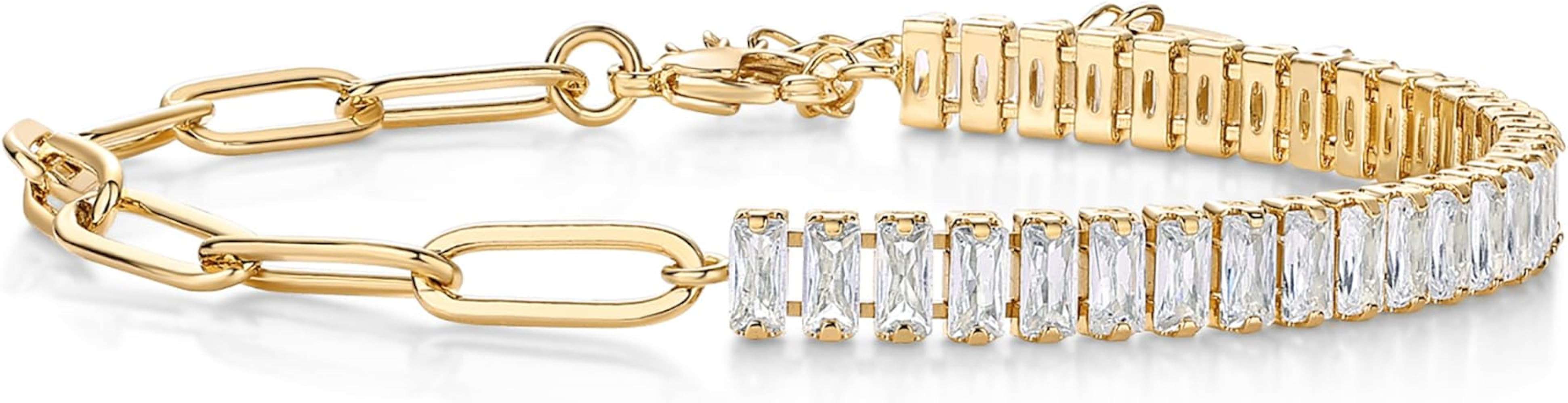 PAVOI 14K Gold Plated Paperclip Tennis Bracelets for Women - Link Chain Gold Bracelet for Women w... | Amazon (US)
