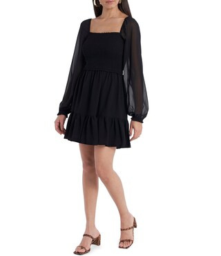 1. STATE Smocked Waist Tiered Ruffle Hem Square Neck Long Sheer Balloon Sleeve A-Line Dress | Dil... | Dillard's