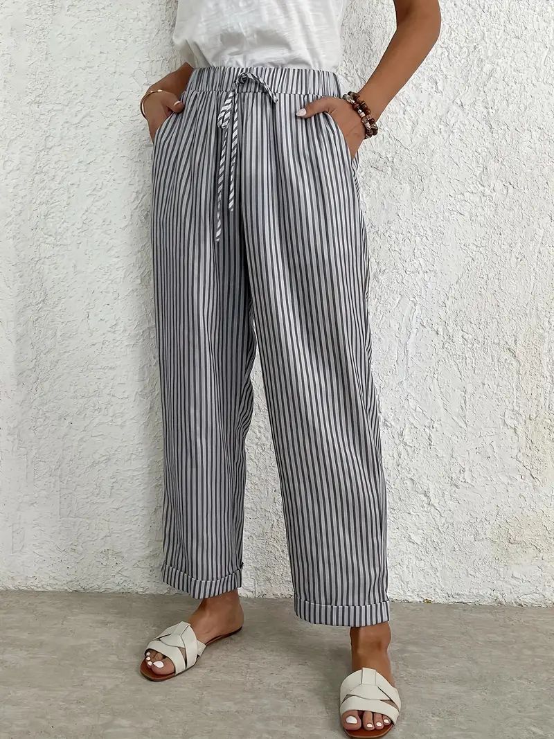 Stripe Print Straight Leg Pants, Casual Drawstring Elastic Waist Pants For Spring & Summer, Women... | Temu Affiliate Program