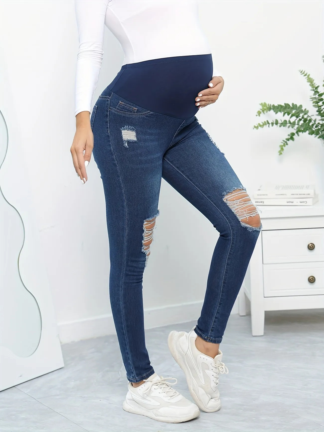 Comfy & Stretchy High Waist Tummy Support Maternity Ripped Jeans For Outdoor | Temu Affiliate Program