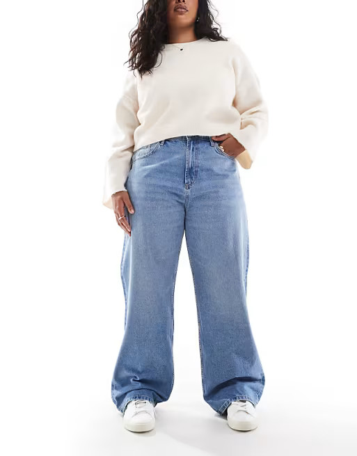 ASOS DESIGN Curve high waist wide leg dad jeans in light mid blue | ASOS (Global)