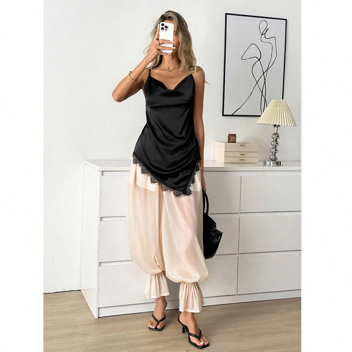 Easowa Elegant Women's Black Satin Cami Top With Drape Cowl Neck Lace Trim Asymmetric Hem Perfect For Nights Out And Summer Styling Chic Women's Silky Black Cami Top Featuring Delicate Lace Detail And Asymmetrical Drape For A Modern And Stylish Look Fashionable Women's Black Satin Camisole With V Neckline And Dainty Lace Border Ideal For Evening Wear And Casual Outings Valentine Outfits For Women Elegant Women's Blouses Vacation Outfits Women Black Top S For Women Satin Tops For Women Cami Tops For Women Women Tops Elegant Carnival Costume Party Top Wedding Birthday Outfits For Women Going Out Top Elegant Women's Blouses Vacation Outfits Women Black Top | SHEIN