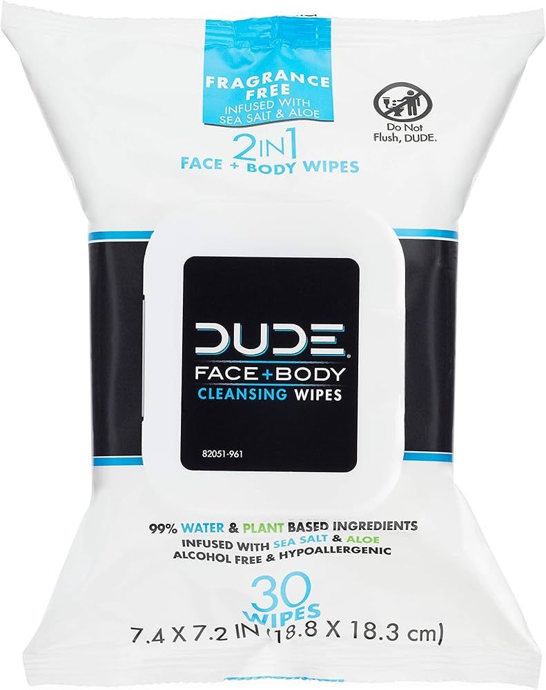 DUDE Wipes - Face and Body Wipes - 1 Pack, 30 Wipes - Unscented Wipes with Sea Salt & Aloe - 2-in... | Amazon (US)