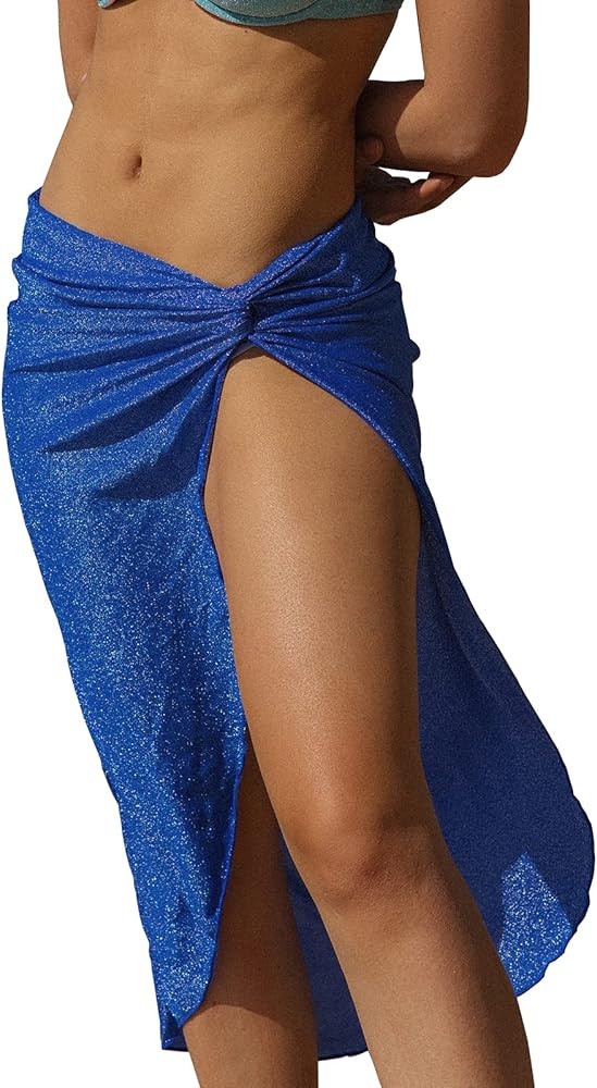 BERLOOK Women's Skirt Side Slit Lurex Elastic Waist Beach Shimmer Swimwear Cover Up Skirt | Amazon (US)