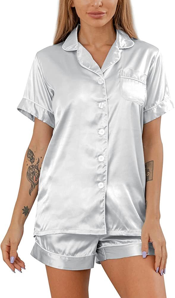 YIMANIE Womens Silk Satin Pajama Sets Two-piece Short Sleeve Shirt and Shorts Button Down Pj Set ... | Amazon (US)