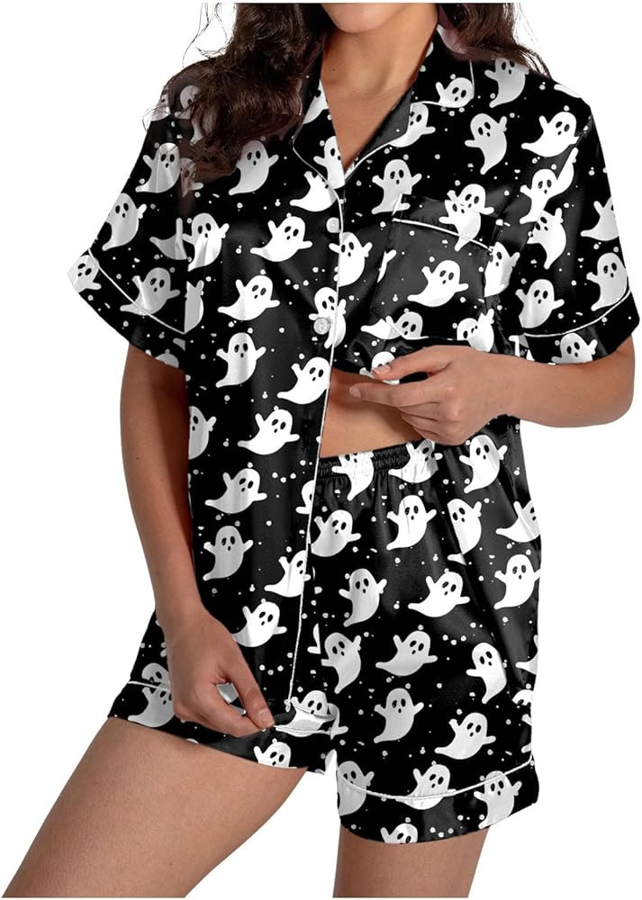 Halloween Womens Silk Pajamas Set I'm Fine Bloody Shirt and Shorts Satin Pjs Sets 2 Piece Loungew... | Amazon (US)